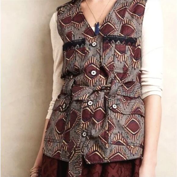 ANTHROPOLOGIE ELEVENSES Tribal Geometric Print Maroon Gold Belted Button Vest XS - Picture 2 of 11